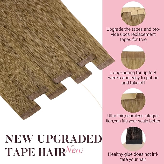 MAXITA Tape in Hair Extensions Human Hair 16 inch 50g 20pcs Light Chestnut Brown Real Human Hair Extensions 100% Remy Seamless Straight Hair Extensions for Women