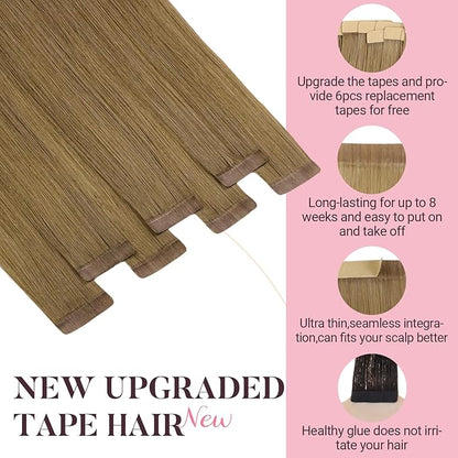 MAXITA Tape in Hair Extensions Human Hair 16 inch 50g 20pcs Light Chestnut Brown Real Human Hair Extensions 100% Remy Seamless Straight Hair Extensions for Women