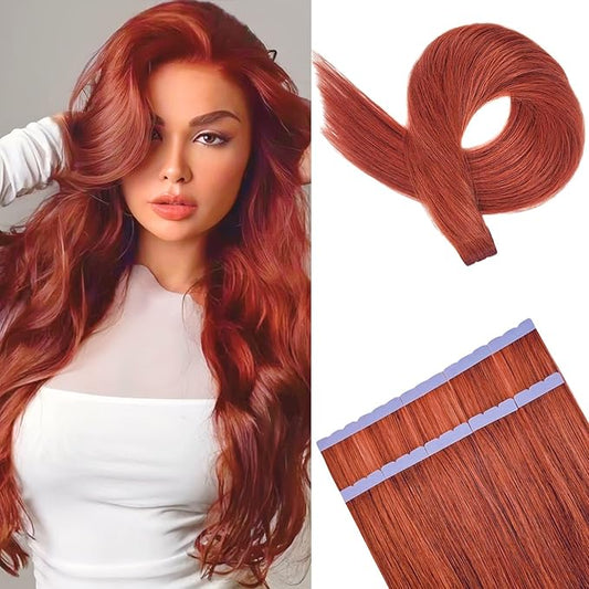 Copper Tape in Hair Extensions Human Hair Invisible Silky Smooth Mini Copper Hair Extensions Real Human Hair Tape in 20 Inch for Party
