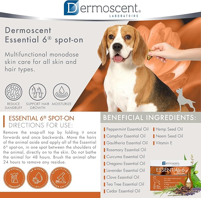 Dermoscent Essential 6 spot-on - Dog Skin Care for Dandruff & Allergy Relief with Vitamin E Oil - Anti Itch for Dogs - Natural Ingredients for Sensitive Skin - Dogs 10-20 kg - 4 Pipettes of 1.2 ml