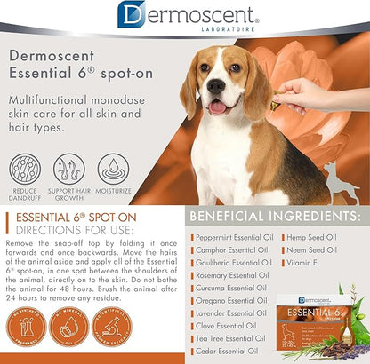 Dermoscent Essential 6 spot-on - Dog Skin Care for Dandruff & Allergy Relief with Vitamin E Oil - Anti Itch for Dogs - Natural Ingredients for Sensitive Skin - Dogs 10-20 kg - 4 Pipettes of 1.2 ml