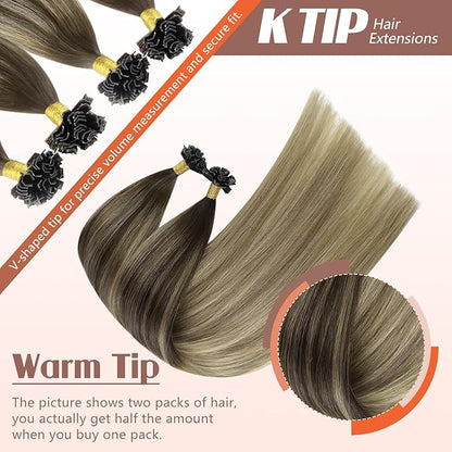 Sunny Hair K Tip Hair Extensions Human Hair 18inch Keratin Hair Extensions Effortless Highlights K Tip for Fine Thin Dark Roots to Golden Brown Mix Blonde K Tips Invisible 50G