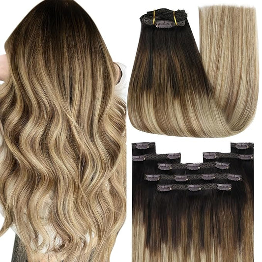 YoungSee 135g Human Hair Extensions Clip in Balayage Clip in Hair Extensions Dark Brown Roots Blending into Medium Brown with Warm Blonde For Special Occasions 18inch 7pcs