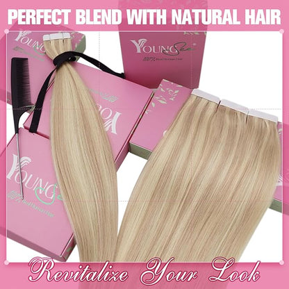 YoungSee Tape in Hair Extensions Human Hair Blonde Highlight Seamless Tape in Hair Extensions Human Hair Light Blonde with Strawberry Blonde Tape Extensions Human Hair for Girls 14 Inch 20pcs 50g