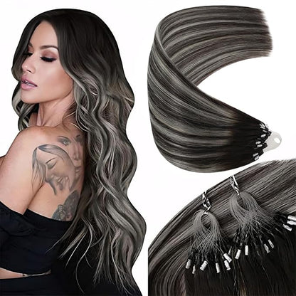 Sunny Hair Microlink Hair Extensions Human Hair Black Balayage Micro Bead Hair Extensions Real Human Hair Soft Micro Loop Extensions Off Black to Silver Mix with Black Rooted 18inchh 50g