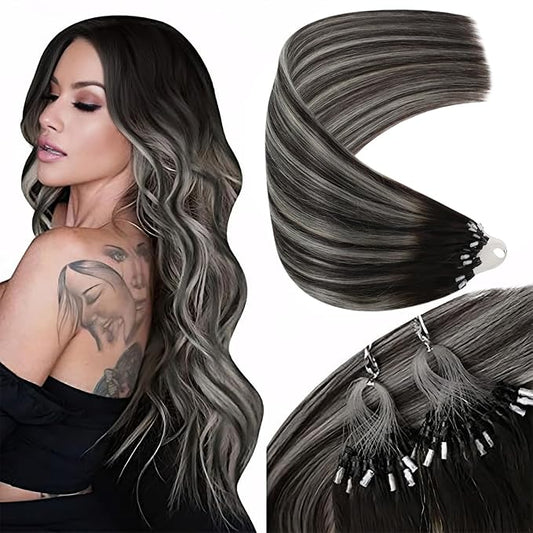 Sunny Hair Microlink Hair Extensions Human Hair Black Balayage Micro Bead Hair Extensions Real Human Hair Soft Micro Loop Extensions Off Black to Silver Mix with Black Rooted 18inchh 50g