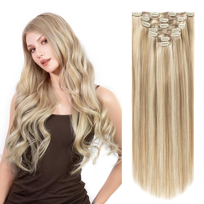 Clip in Hair Extensions Real Human Hair, Silky Remy Hair Extensions Clip Ins, Salon Quality Natural Human Hair, Light Blonde Highlighted Golden Blonde #P16/22 20Inch 120G 7PCS