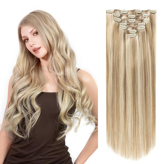 Clip in Hair Extensions Real Human Hair, Silky Remy Hair Extensions Clip Ins, Salon Quality Natural Human Hair, Light Blonde Highlighted Golden Blonde #P16/22 20Inch 120G 7PCS