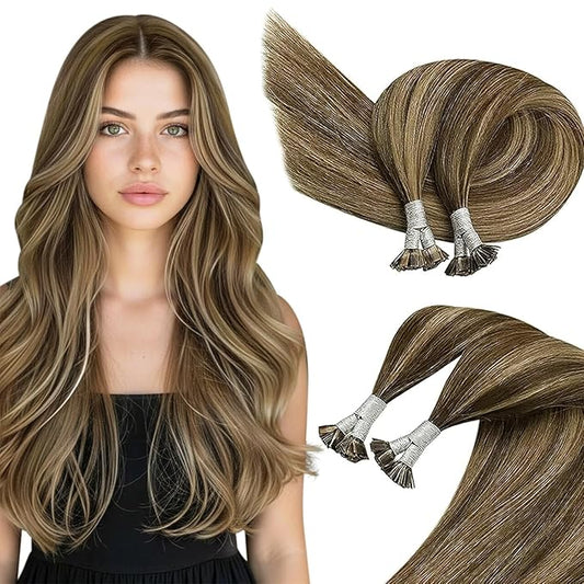 Sunny Hair Flat Tip Hair Extensions Human Hair Dark Brown with Caramel Blonde K Tip Hair Extensions Real Human Hair 14inch Ktip Human Hair Extensions Invisible 50g