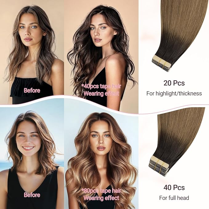 MAXITA Tape in Hair Extensions Human Hair, 20pcs 50g 20 Inch Ash Dark to Light Chestnut Brown Hair Extensions Straight Human Hair Tape ins Skin Weft Seamless Tape in Extensions