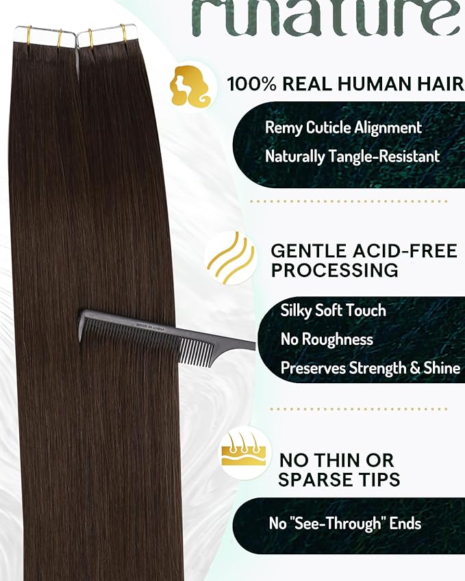 RUNATURE Brown Tape ins Human Hair Extensions Straight Tape in Hair Extensions Full Ends Silky Straight Human Hair Tape in Extensions Skin Weft Natural Hair Glue in Extensions 10 Inch 30 Gram 20pcs