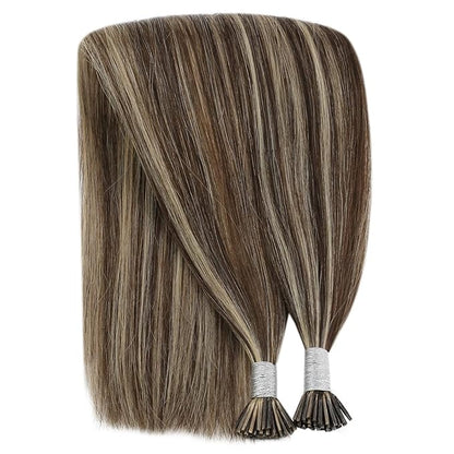 YoungSee Itip Hair Extensions Real Human Hair Brown I Tips Hair Extensions for Women Highlight Dark Brown and Blonde Itip Hair Extension for Long Hair 24In Invisible Keratin Hair Extension 50g 50s