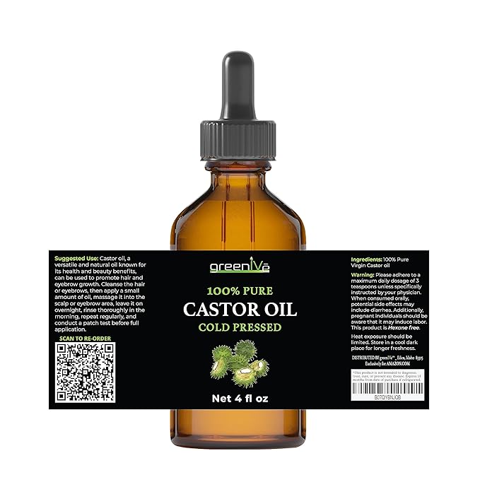 GreenIVe Castor Oil 100% Pure 4 fl oz Bottle Cold Pressed, Hexane Free, Eyelash and Eyebrow Growth Serum, Skin Moisturizer Detox and Wraps