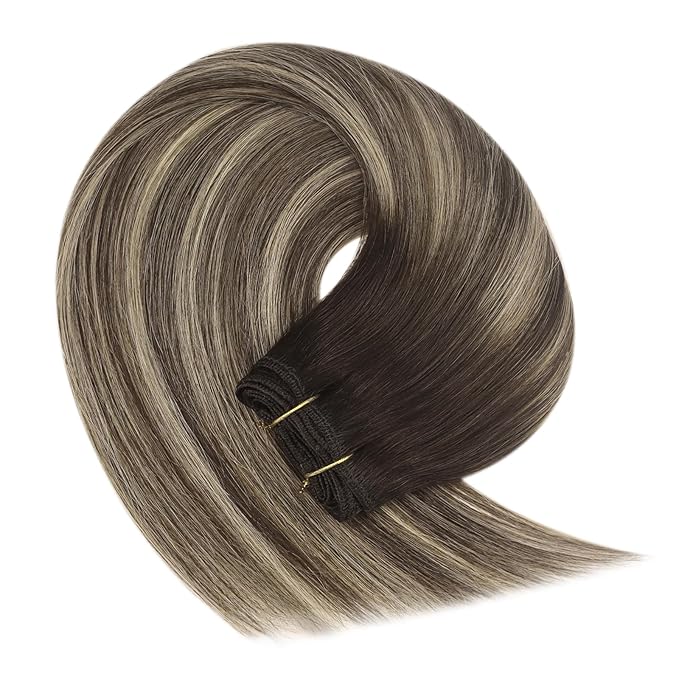 YoungSee Sew in Balayage Weft Real Human Hair Extensions Chocolate Brown with Ash Blonde Balayage 16Inch 100G