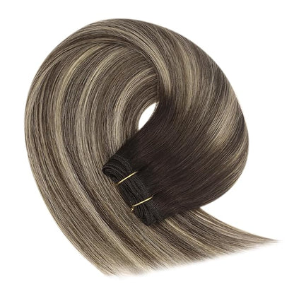 YoungSee Sew in Balayage Weft Real Human Hair Extensions Chocolate Brown with Ash Blonde Balayage 16Inch 100G