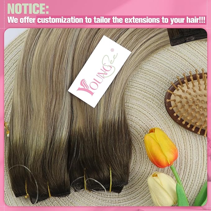 YoungSee 100G 20Inch Wire Hair Extensions Real Human Hair Brown Balayage Wire Human Hair Extensions Dark Brown Ombre Light Brown with Blonde Fish Line Human Hair Extensions Add Length and Volume