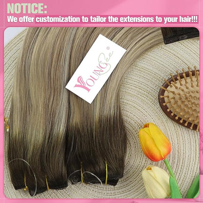 YoungSee Wire Hair Extensions Human Hair Brown Ombre Fish Line Hair Extensions Dark Brown Ombre Light Brown with Blonde Straight Hair Wire Extensions Customizable Hair Extensions Human Hair 12inch 70g
