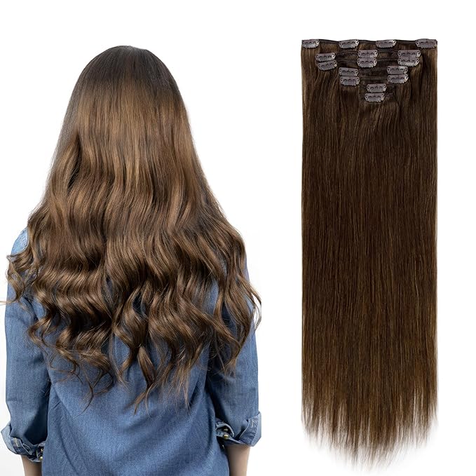 Clip in Hair Extensions Real Human Hair, 100% Remy Chocolate Brown Hair Extensions for Long Hair, Tangle-free&Shedding-free, #4 16Inch 120G 7PCS