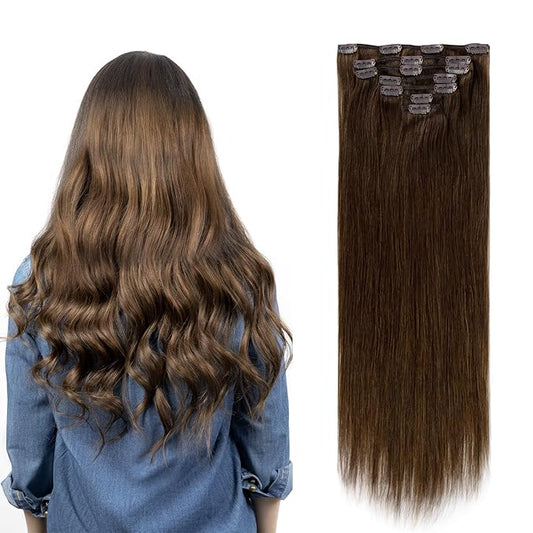 Clip in Hair Extensions Real Human Hair, 100% Remy Chocolate Brown Hair Extensions for Long Hair, Tangle-free&Shedding-free, #4 16Inch 120G 7PCS