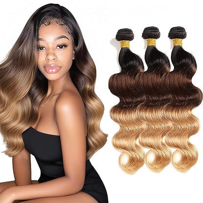 28 30 32 Inch 4/27 Bundles Human Hair Ombre Blonde Body Wave Bundles Niegmeag Virgin Soft and Silky Remy Hair Extensions Double Weft Honey Blonde Bundle Hair Weave