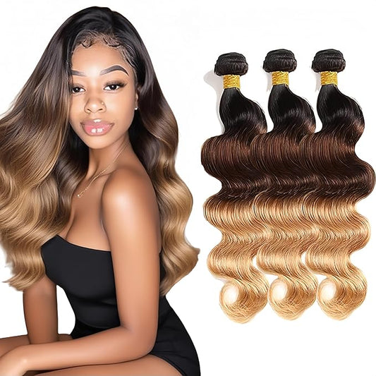 28 30 32 Inch 4/27 Bundles Human Hair Ombre Blonde Body Wave Bundles Niegmeag Virgin Soft and Silky Remy Hair Extensions Double Weft Honey Blonde Bundle Hair Weave