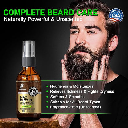 Beard Growth Oil for Men – Natural Biotin Beard Oil with Castor, Vitamin B5 & Grape Seed to Soften, Nourish & Thicken Facial Hair – Conditioning, Moisturizing Grooming Oil, 2oz Gift for Men, Unscented