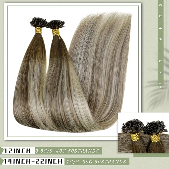 RUNATURE U Tip Hair Extensions Human Hair, Balayage Real Keratin Tip Extensions for Short Hair, Silky Remy Natural Hair, Hot Fusion Heat Resistant, 12 Inch 40g 50strands #3/8/22 Brown to Blonde