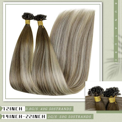 RUNATURE U Tip Hair Extensions Human Hair, Balayage Real Keratin Tip Extensions for Short Hair, Silky Remy Natural Hair, Hot Fusion Heat Resistant, 12 Inch 40g 50strands #3/8/22 Brown to Blonde