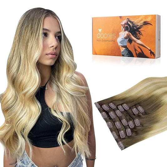 DOORES Clip in Human Hair Extensions, Light Ash Brown to Light Blonde Highlighted Golden Blonde 14 Inch100g 7pcs, Straight Real Hair Extensions Clip in Remy Natural Silky Weft
