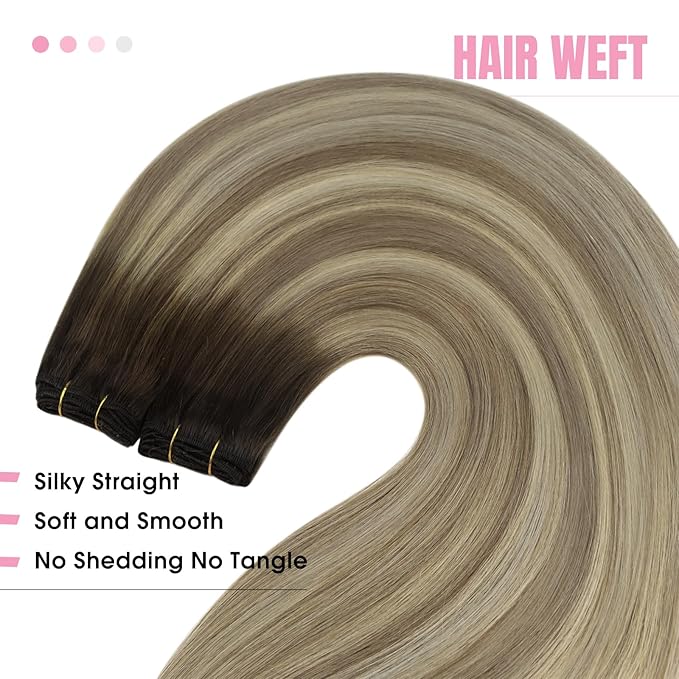 YoungSee Weft Hair Extensions Human Hair Brown Ombre Sew in Extensions Human Hair Dark Brown Ombre Light Brown with Blonde Weft Hair Extensions Real Human Hair 16Inch 100G
