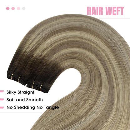 YoungSee Weft Hair Extensions Human Hair Brown Ombre Sew in Extensions Human Hair Dark Brown Ombre Light Brown with Blonde Weft Hair Extensions Real Human Hair 16Inch 100G