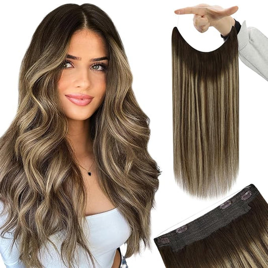 YoungSee 120G Wire Hair Extensions Brown Invisible Wire Human Hair Extensions Dark Brown Fading To Caramel Blonde Mix Brown Balayage Straight Hair Extensions Wire 16Inch