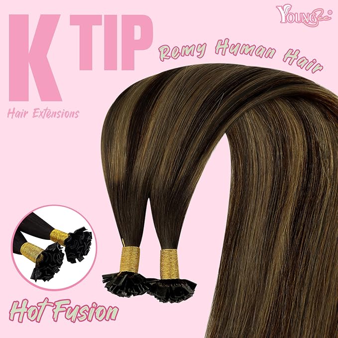 YoungSee Ktip Hair Extensions Human Hair Balayage Brown K Tip Extensions Human Hair Dark Brown with Medium Brown Ombre Ktips Human Hair Extensions 16Inch Hair Extensions for Women 50G/S