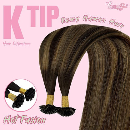 YoungSee Ktip Hair Extensions Human Hair Balayage Brown K Tip Extensions Human Hair Dark Brown with Medium Brown Ombre Ktips Human Hair Extensions 16Inch Hair Extensions for Women 50G/S