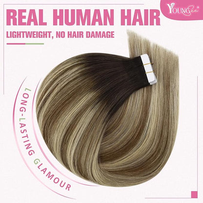 YoungSee Tape in Hair Extensions Real Human Hair Brown Balayage Tape in Hair Extensions Human Hair Dark Brown Ombre Blonde with Brown Tape on Hair Extensions Seamless Hair Extensions 50g 20pcs 18In