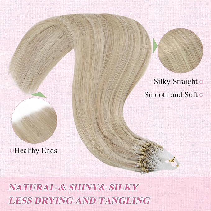 YoungSee Micro Link Hair Extensions Human Hair Blonde Micro Bead Hair Extensions Real Human Hair Blonde Highlights Ash Blonde Micro Ring Hair Extensions Silky Straight 18In Bead Hair Extension 50g 50s