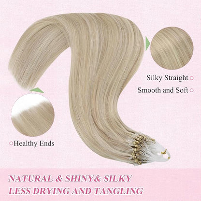 YoungSee Micro Link Hair Extensions Human Hair Blonde Micro Bead Hair Extensions Real Human Hair Blonde Highlights Ash Blonde Micro Ring Hair Extensions Silky Straight 18In Bead Hair Extension 50g 50s