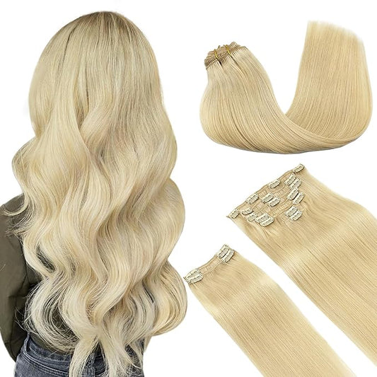 DOORES Clip in Hair Extensions, Bleach Blonde 24 Inch 9pcs 150g, Remy Hair Extensions Clip in Natural Silky Weft For Women Thick Straight Weft
