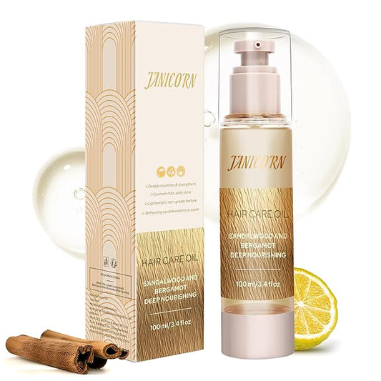 Leave-In Hair Oil with Sandalwood & Bergamot – Natural Essential Oil Aroma, Lightweight Frizz Control & Shine Enhancer for Daily Hair Care – No-Rinse Oil, 3.4 fl oz (100ml)