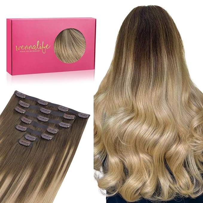 WENNALIFE Seamless Clip In Hair Extensions Human Hair, 24 Inch 160g 7pcs Balayage Chocolate Brown to Dirty Blonde Invisible Natural PU Weft Straight Extensiones De Cabello Hmano
