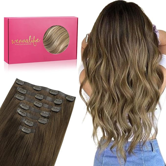 WENNALIFE Seamless Clip In Hair Extensions, 16 Inch 7pcs 130g Ombre Walnut Brown to Ash Brown and Bleach Blonde, Invisible PU Weft Natural Real Human Hair Extensions