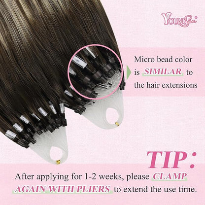YoungSee Microlink Hair Extensions Human Hair Balayage Microloop Hair Extensions Human Hair Dark Brown Roots Ombre Blonde Bead Hair 18In 50g 50s Remy Extensions for Thin Hair
