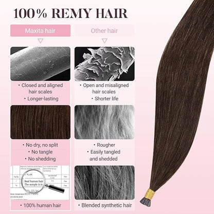 MAXITA I Tip Hair Extensions Human Hair,50g/50s Chocolate Brown 24 Inch Comfortable Wear, Invisible & Natural Cold Fusion, 100% Remy Human Hair Itip Keratin Hair Extensions