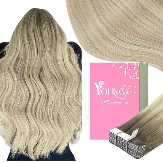 YoungSee Tape on Hair Extensions Balayage Ash Blonde Ombre Platinum Blonde Tape in Hair Extensions Real Human Hair Balayage Tape Real Hair Extensions Balayage Tape in Hair Extensions 18In 50g 20pcs