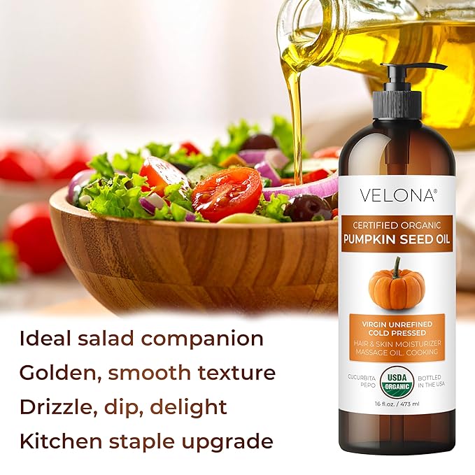 velona Pumpkin Seed Oil USDA Certified Organic - 1 Gallon / 128 Fl Oz | 100% Pure and Natural Carrier Oil | Unrefined, Cold Pressed | Cooking, Face, Hair, Body & Skin Care | Use Today - Enjoy Result
