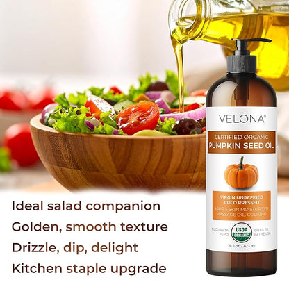 velona Pumpkin Seed Oil USDA Certified Organic - 1 Gallon / 128 Fl Oz | 100% Pure and Natural Carrier Oil | Unrefined, Cold Pressed | Cooking, Face, Hair, Body & Skin Care | Use Today - Enjoy Result