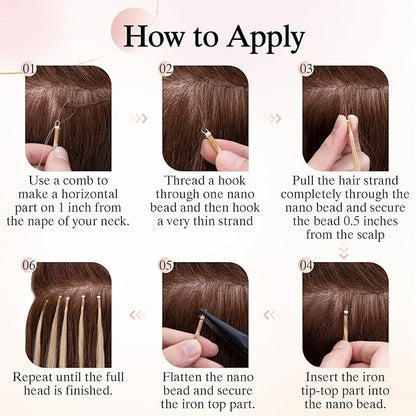 Nano Bead Human Hair Extensions - Nano Bond & Tip Extensions, Silky Straight Natural 50g/50 Stands 16" Dark Blonde