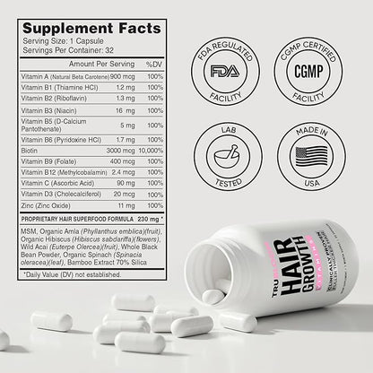 Tru Bloom Hair Growth Vitamins - 1 Month Supply. Clinically Proven to Grow Fuller, Thicker Hair. Natural & Drug-Free with Biotin, MSM, Zinc, D3 + Hair Superfoods. Non GMO