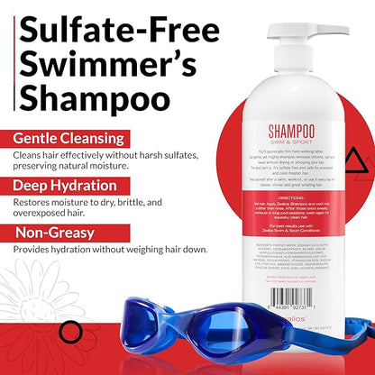 Zealios Sport Clarifying Shampoo, 32 oz Pump Bottle for Extremely Damaged Hair, Pool Hair Repair & Protector - Sulfate-Free, Moisturizing Chlorine & Salt Removal, Color-Safe, Citrus Scent for Swimmers