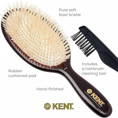 Kent CSGL 9" Large Oval Cushion Straightening Brush and Scalp Brush – Natural White Boar Bristles Hair Brush for Fine or Thinning Hair – Large Cushion Shine & Smoothing (+ Hair Brush Cleaner)